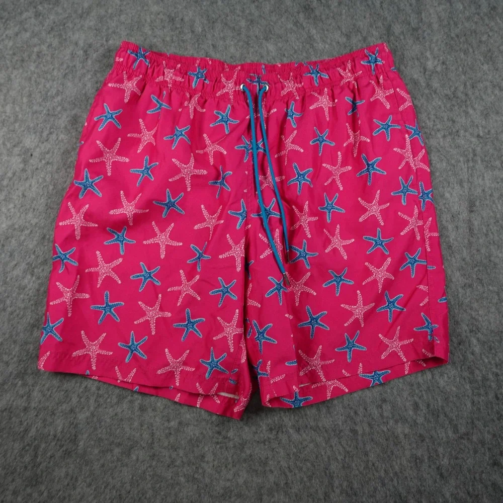Lands End Shorts Mens Large Pink‎ Starfish Print Elastic Waist Drawstring Beach